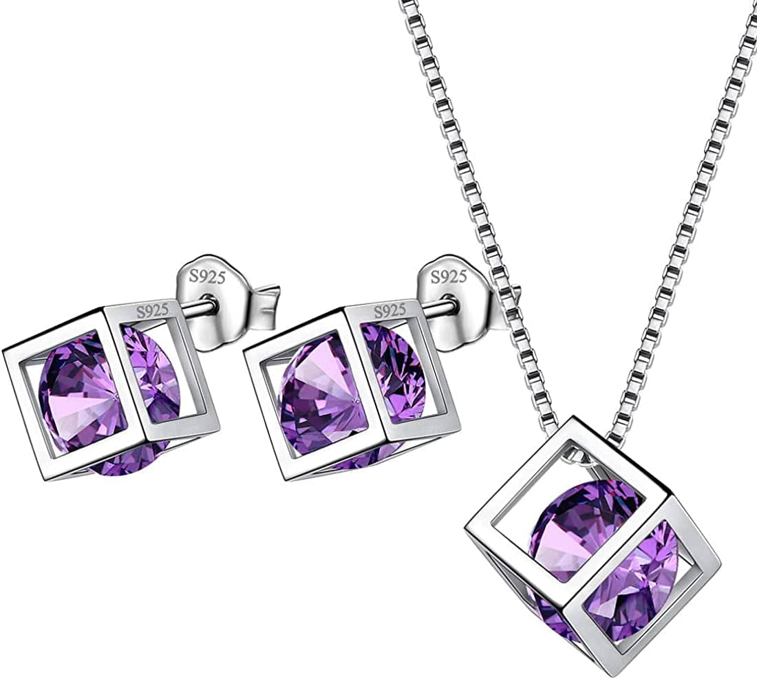 Birthstone Necklace/Earring 925 Sterling Silver Women Cross/3D Cube/Cresent Moon Birth Stone Jewelry Mens Birthday Gift Anniversary Present B.Purple-February-Amethyst / 3d-cube-sets