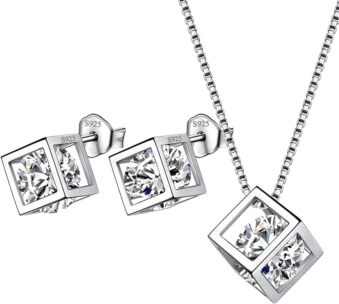 Birthstone Necklace/Earring 925 Sterling Silver Women Cross/3D Cube/Cresent Moon Birth Stone Jewelry Mens Birthday Gift Anniversary Present D.White-April-Diamond / 3d-cube-sets