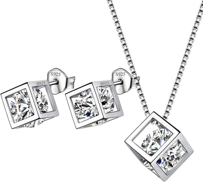 Birthstone Necklace/Earring 925 Sterling Silver Women Cross/3D Cube/Cresent Moon Birth Stone Jewelry Mens Birthday Gift Anniversary Present D.White-April-Diamond / 3d-cube-sets