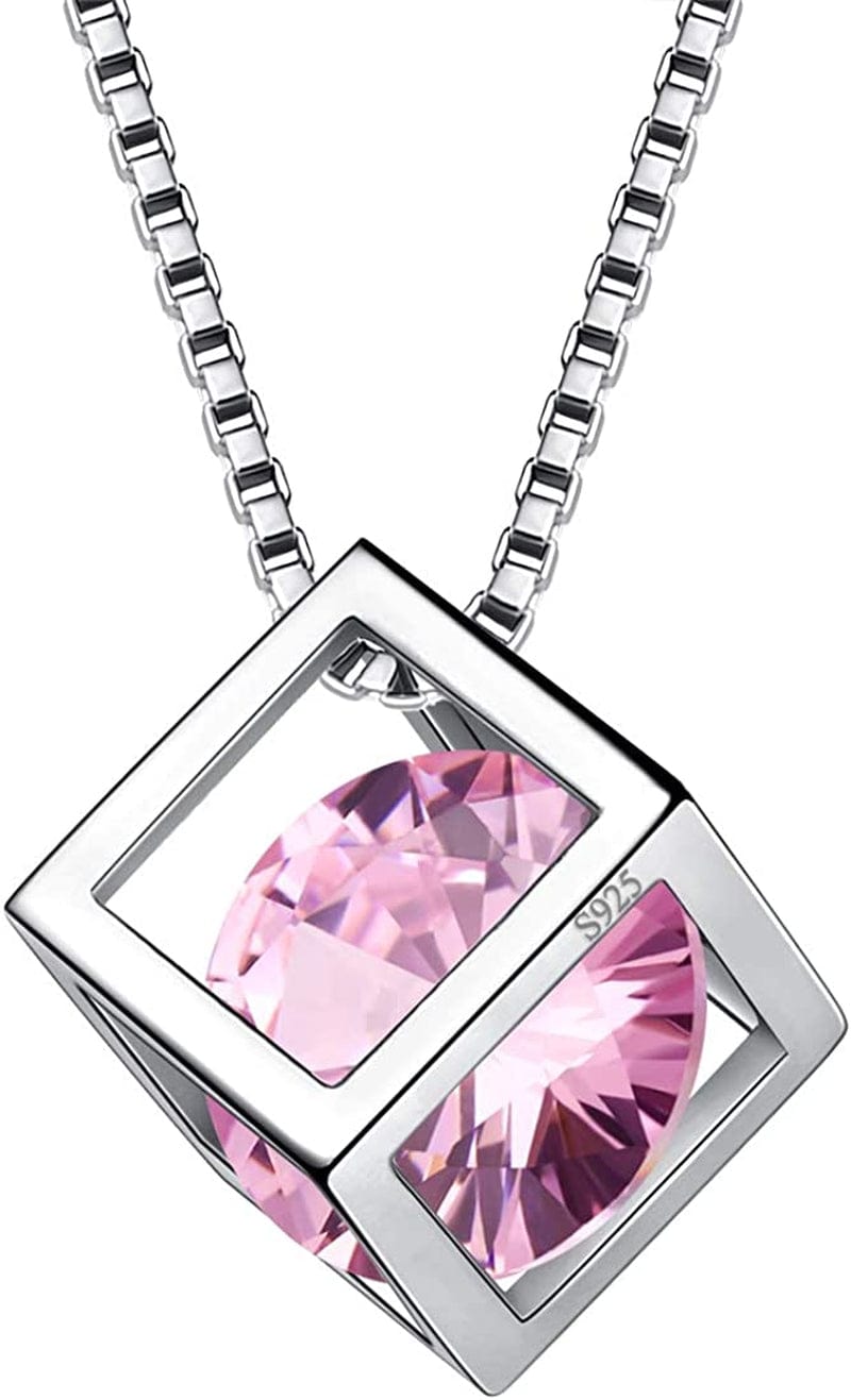 Birthstone Necklace/Earring 925 Sterling Silver Women Cross/3D Cube/Cresent Moon Birth Stone Jewelry Mens Birthday Gift Anniversary Present J.Pink-October-Tourmaline / 3d-cube-necklace