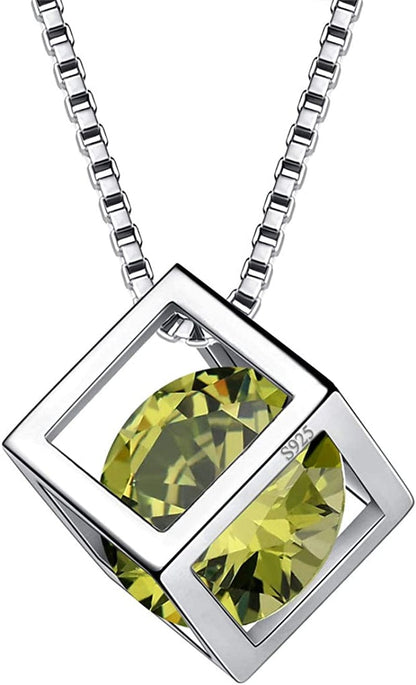 Birthstone Necklace/Earring 925 Sterling Silver Women Cross/3D Cube/Cresent Moon Birth Stone Jewelry Mens Birthday Gift Anniversary Present H.Green-August-Peridot / 3d-cube-necklace