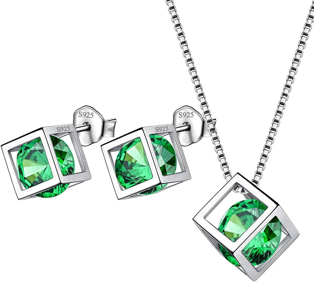 Birthstone Necklace/Earring 925 Sterling Silver Women Cross/3D Cube/Cresent Moon Birth Stone Jewelry Mens Birthday Gift Anniversary Present E.Green-May-Emerald / 3d-cube-sets