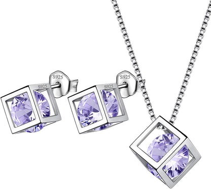 Birthstone Necklace/Earring 925 Sterling Silver Women Cross/3D Cube/Cresent Moon Birth Stone Jewelry Mens Birthday Gift Anniversary Present F.Purple-June-Alexandrite / 3d-cube-sets
