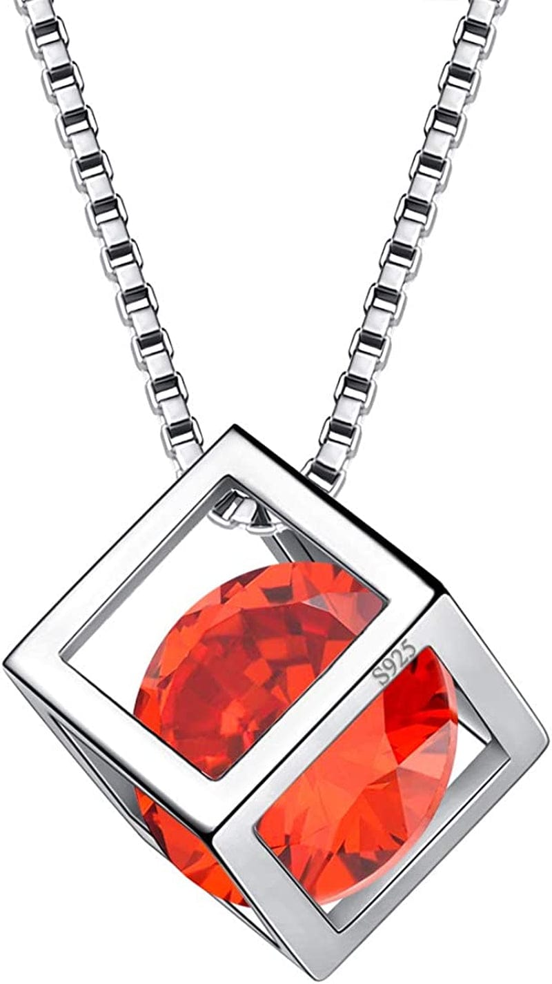 Birthstone Necklace/Earring 925 Sterling Silver Women Cross/3D Cube/Cresent Moon Birth Stone Jewelry Mens Birthday Gift Anniversary Present A.Red-January-Garnet / 3d-cube-necklace