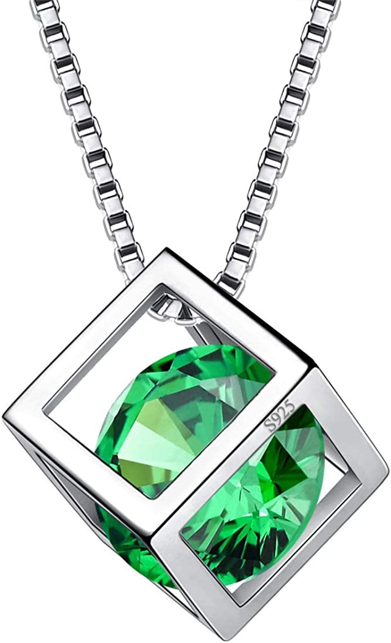 Birthstone Necklace/Earring 925 Sterling Silver Women Cross/3D Cube/Cresent Moon Birth Stone Jewelry Mens Birthday Gift Anniversary Present E.Green-May-Emerald / 3d-cube-necklace
