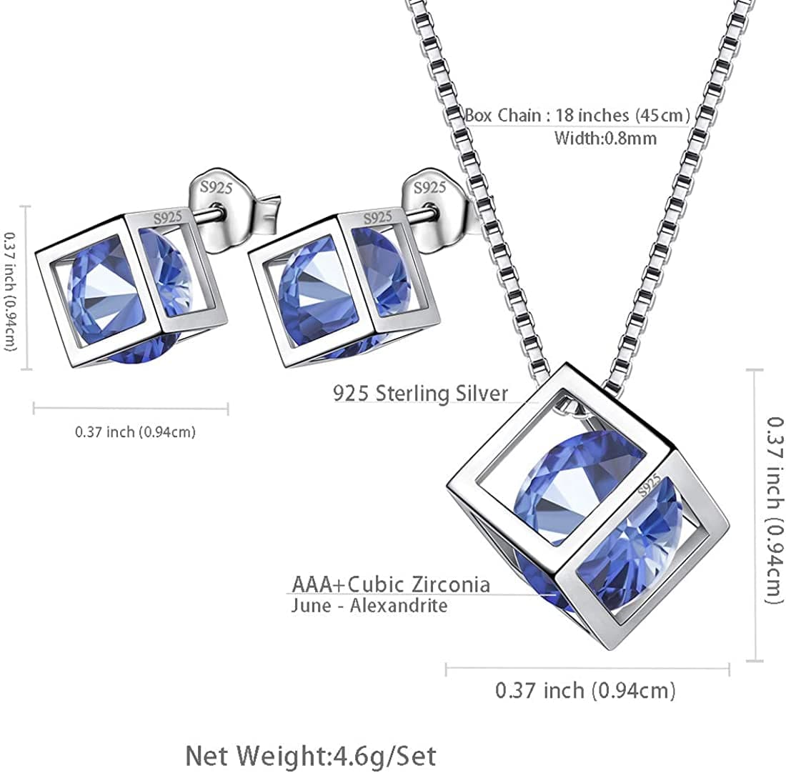 Birthstone Necklace/Earring 925 Sterling Silver Women Cross/3D Cube/Cresent Moon Birth Stone Jewelry Mens Birthday Gift Anniversary Present