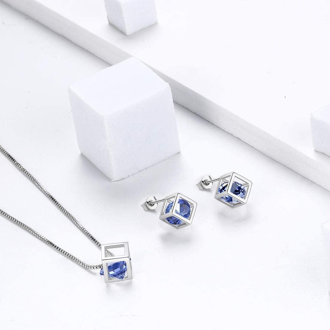 Birthstone Necklace/Earring 925 Sterling Silver Women Cross/3D Cube/Cresent Moon Birth Stone Jewelry Mens Birthday Gift Anniversary Present
