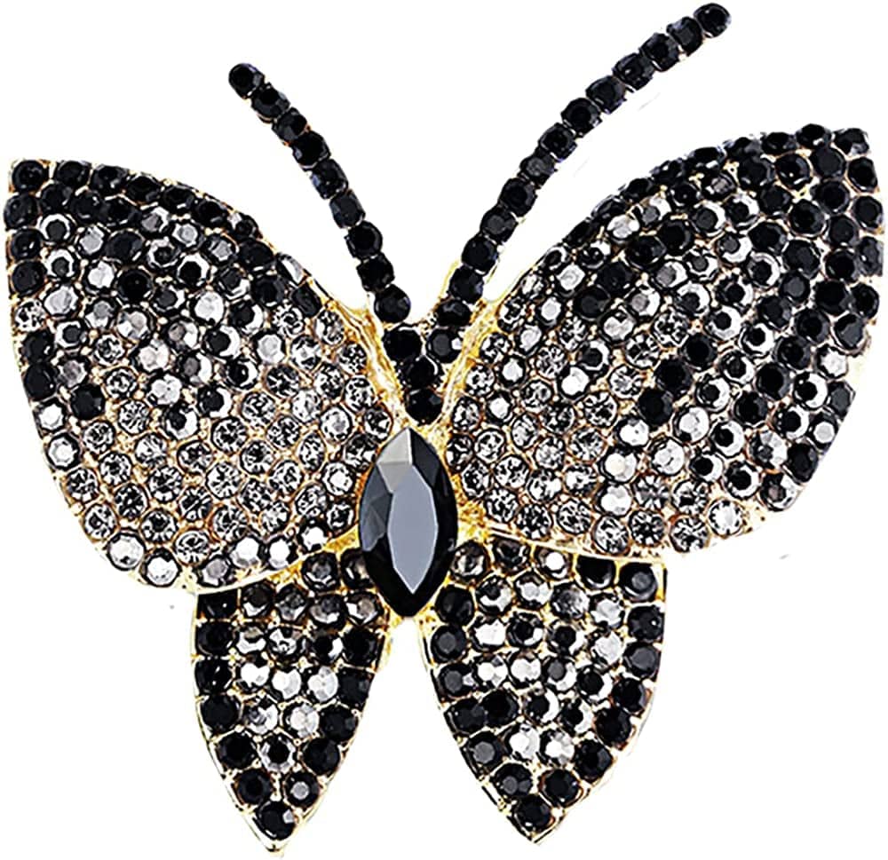 Black Butterfly Rhinestone Brooch Pin for Women Girl Men Exaggerated AB Crystal Cluster Fashion Cartoon Animal Lapel Pins Dress Accessories Unisex Delicacy Birthday Christmas Party Jewelry Gift Black