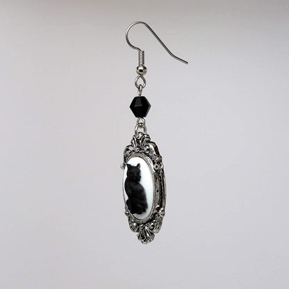 Black Cat Cameo in Silver Finish Frame Dangle Earrings with Black Bead