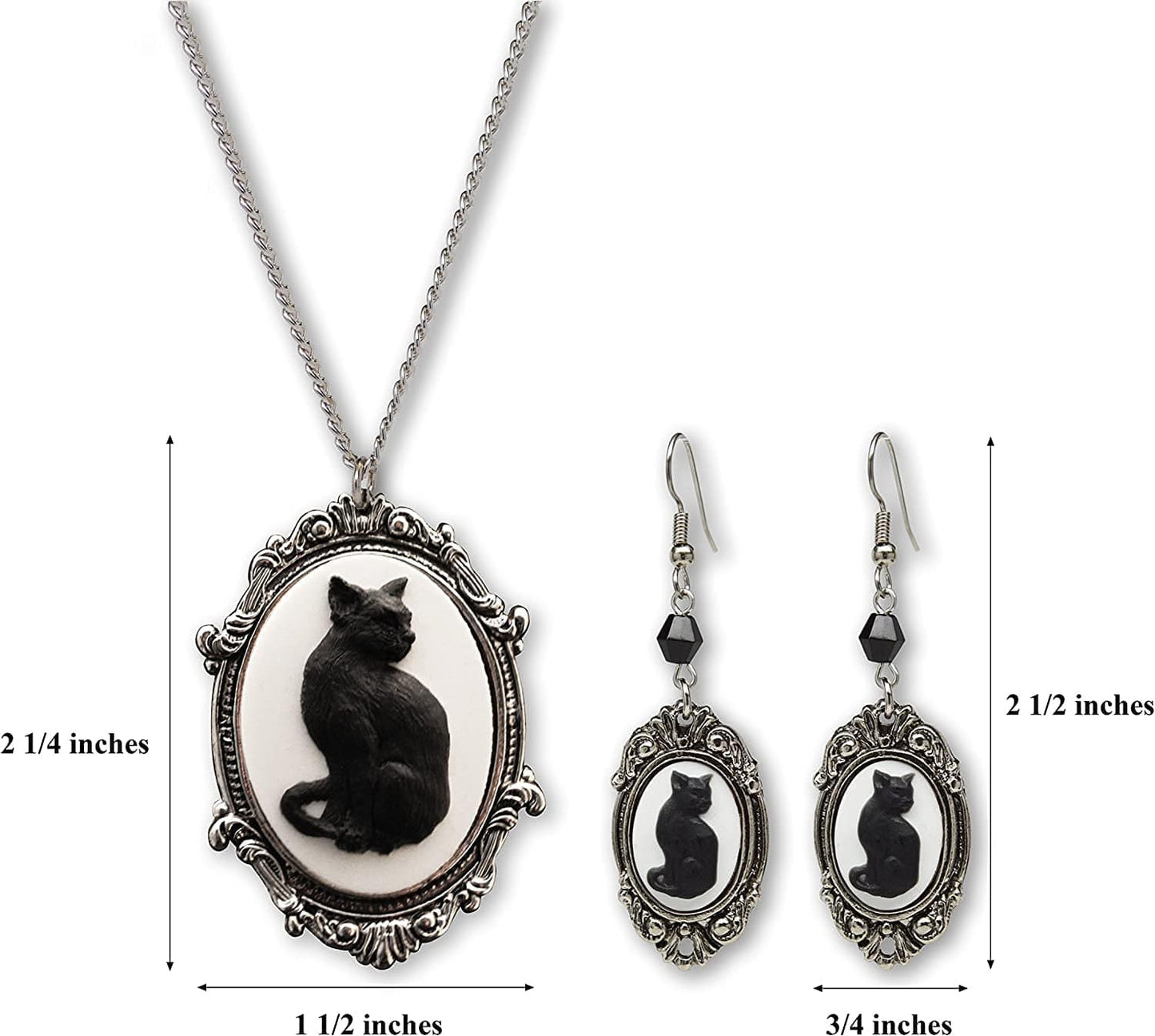 Black Cat Cameo Silver Finish Frame Pendant Necklace Dangle Earrings Jewelry Set