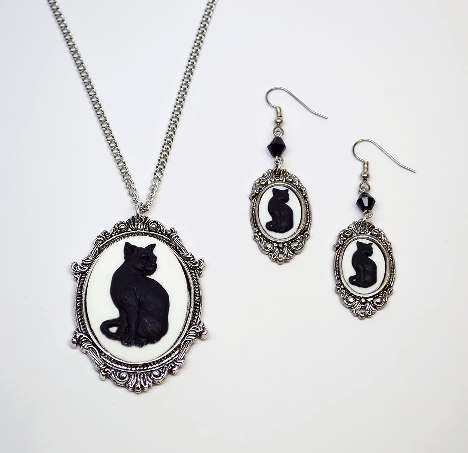 Black Cat Cameo Silver Finish Frame Pendant Necklace Dangle Earrings Jewelry Set