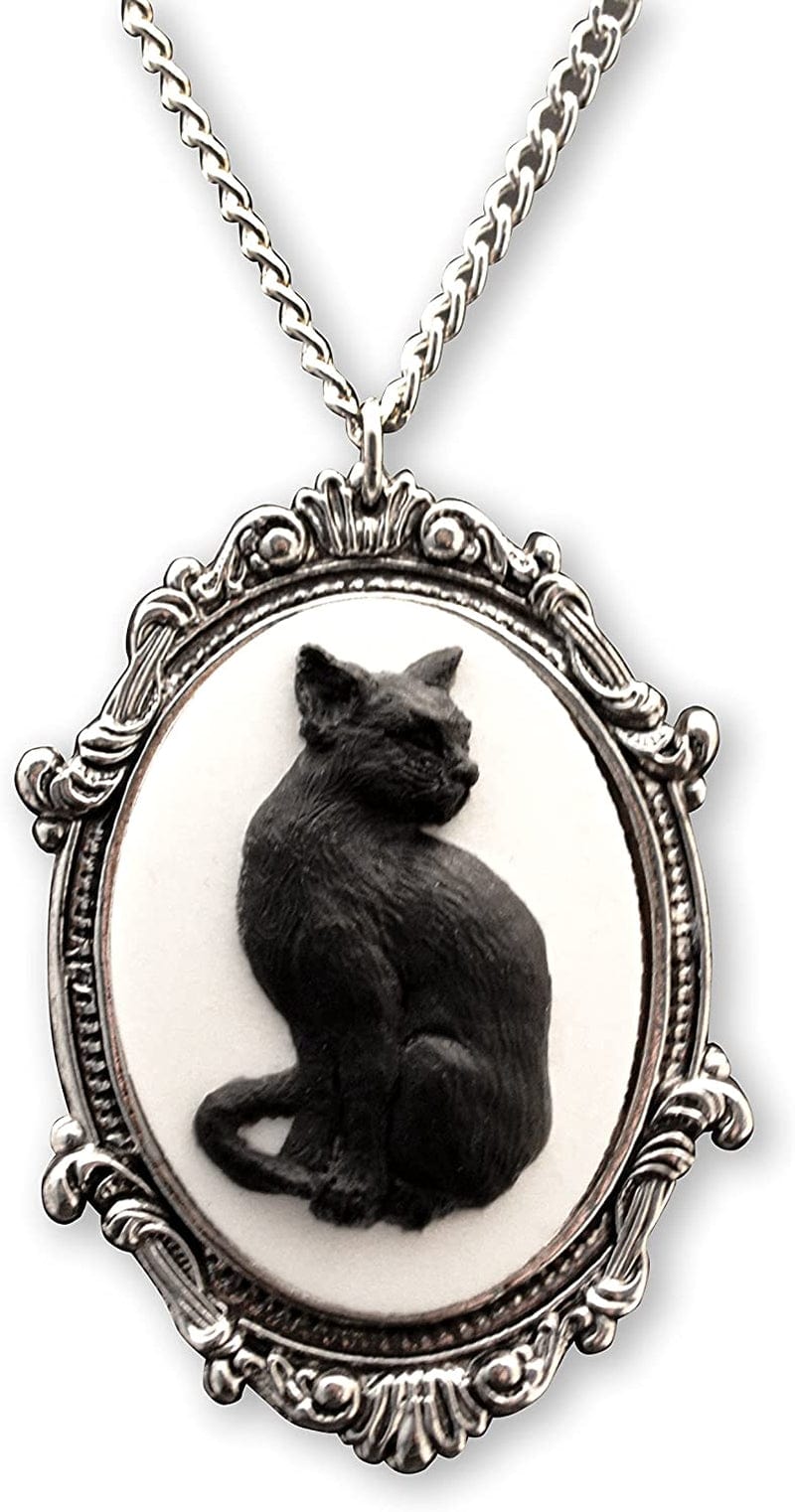 Black Cat Cameo Silver Finish Frame Pendant Necklace Dangle Earrings Jewelry Set