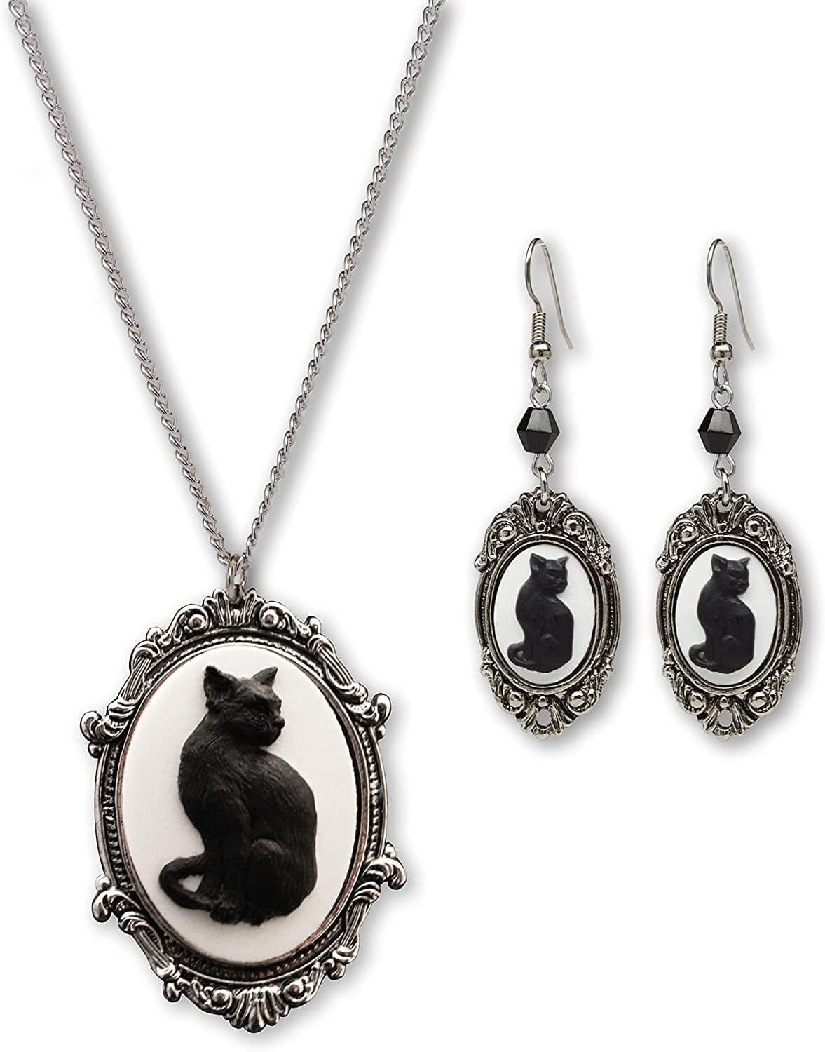 Black Cat Cameo Silver Finish Frame Pendant Necklace Dangle Earrings Jewelry Set