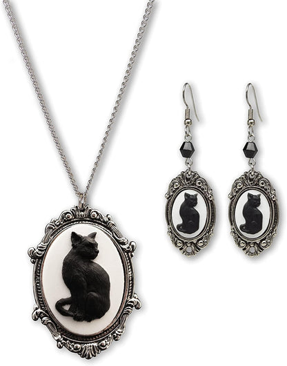 Black Cat Cameo Silver Finish Frame Pendant Necklace Dangle Earrings Jewelry Set