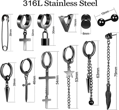 Black Cross Dangle Earrings for Men, 25 Pieces Stainless Steel Long Chain Piercing Hoop Earrings Set for Unisex