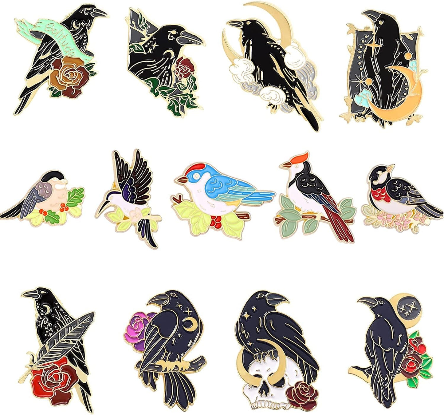 Black Crow Enamel Pins Set Art Rose Moon Lapel Pin Cute Aesthetic Badges for Children Women Backpack Shirt Denim Bag 13pcs