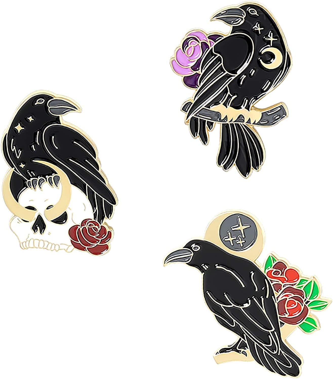 Black Crow Enamel Pins Set Art Rose Moon Lapel Pin Cute Aesthetic Badges for Children Women Backpack Shirt Denim Bag 3 pcs