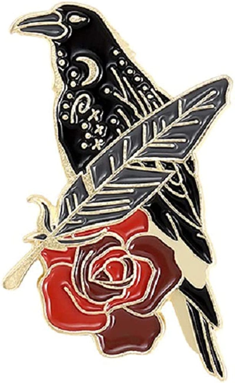 Black Crow Enamel Pins Set Art Rose Moon Lapel Pin Cute Aesthetic Badges for Children Women Backpack Shirt Denim Bag