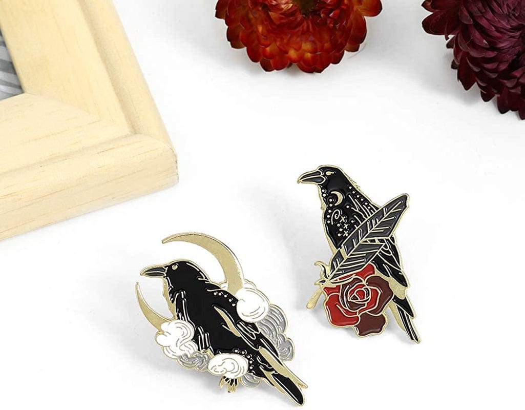Black Crow Enamel Pins Set Art Rose Moon Lapel Pin Cute Aesthetic Badges for Children Women Backpack Shirt Denim Bag