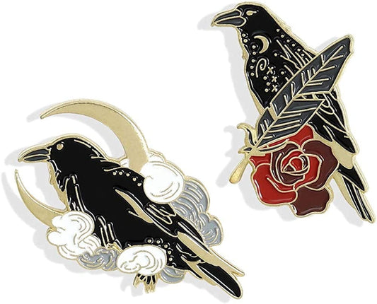 Black Crow Enamel Pins Set Art Rose Moon Lapel Pin Cute Aesthetic Badges for Children Women Backpack Shirt Denim Bag 2pcs