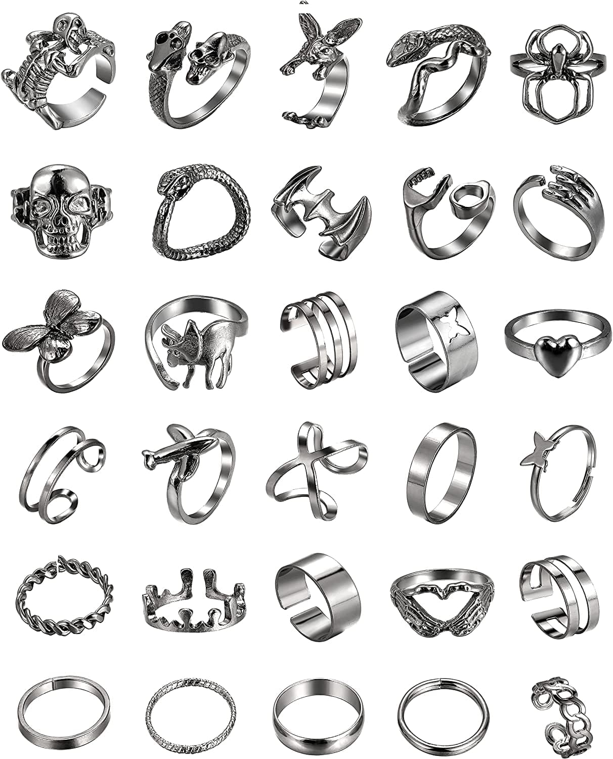 Black Gothic Vintage Rings Set - 20-30 PCS Cool Punk Snake Claw Rings Set, Y2K Snake Claw Rings, Open Butterfly Star Stacking Ring Jewelry , Gift for Men Women Girls Boys black 4