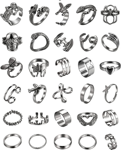 Black Gothic Vintage Rings Set - 20-30 PCS Cool Punk Snake Claw Rings Set, Y2K Snake Claw Rings, Open Butterfly Star Stacking Ring Jewelry , Gift for Men Women Girls Boys black 4