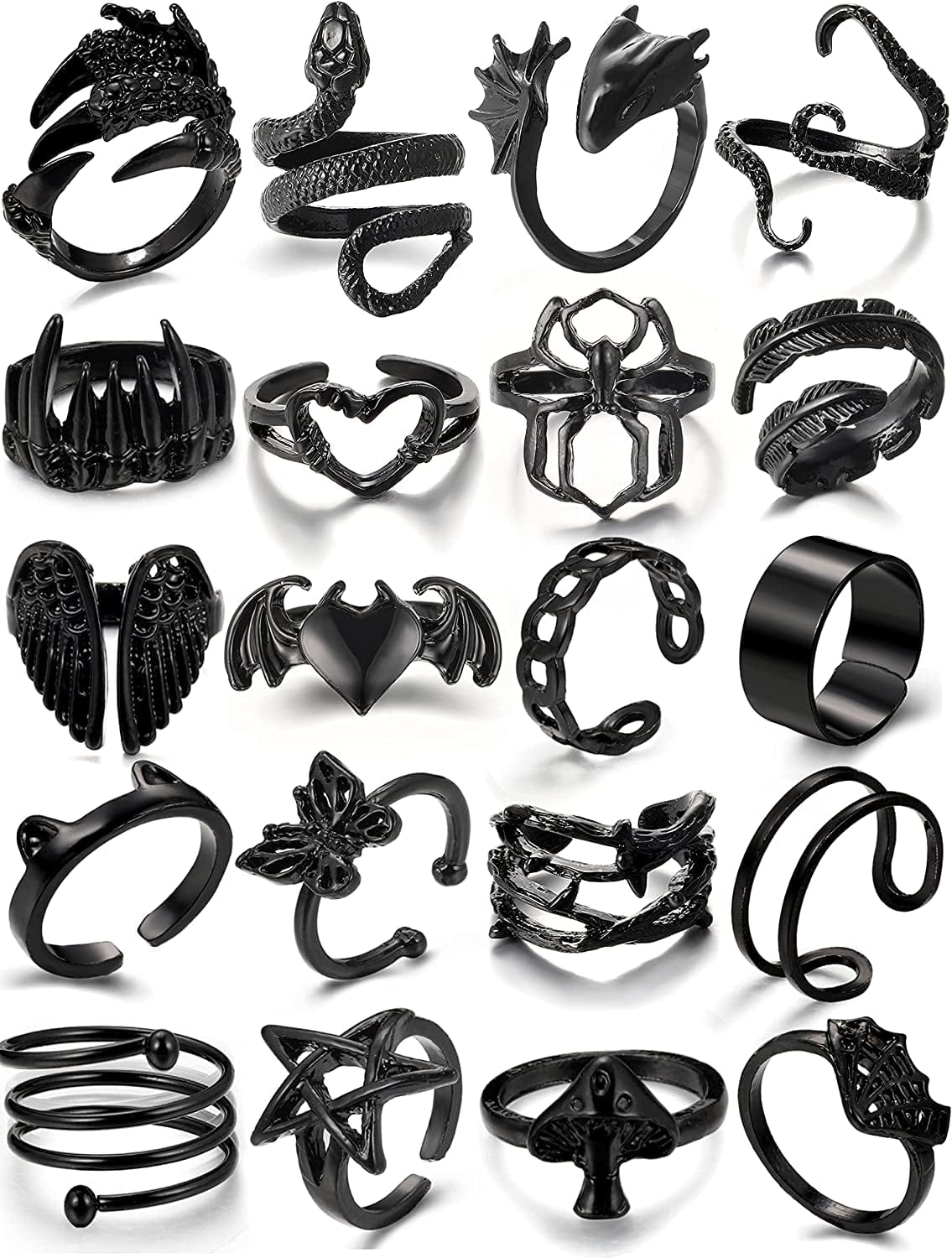 Black Gothic Vintage Rings Set - 20-30 PCS Cool Punk Snake Claw Rings Set, Y2K Snake Claw Rings, Open Butterfly Star Stacking Ring Jewelry , Gift for Men Women Girls Boys black 1