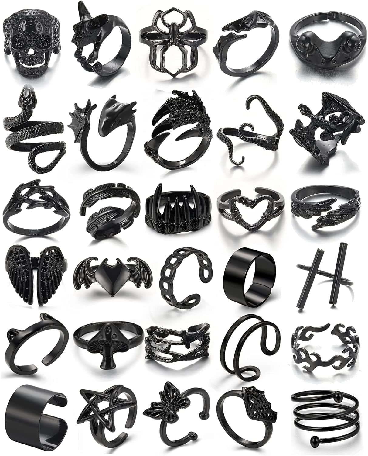 Black Gothic Vintage Rings Set - 20-30 PCS Cool Punk Snake Claw Rings Set, Y2K Snake Claw Rings, Open Butterfly Star Stacking Ring Jewelry , Gift for Men Women Girls Boys black 2