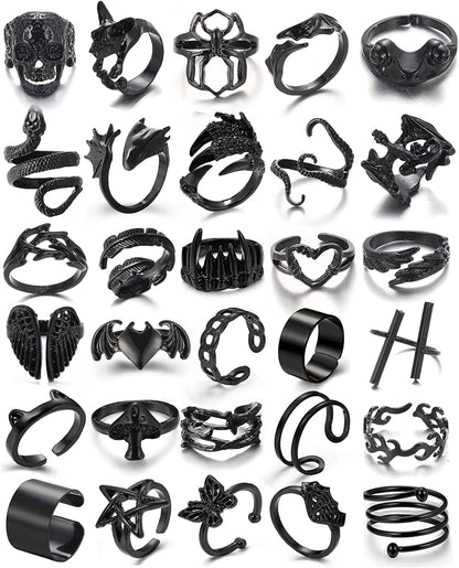 Black Gothic Vintage Rings Set - 20-30 PCS Cool Punk Snake Claw Rings Set, Y2K Snake Claw Rings, Open Butterfly Star Stacking Ring Jewelry , Gift for Men Women Girls Boys black 2