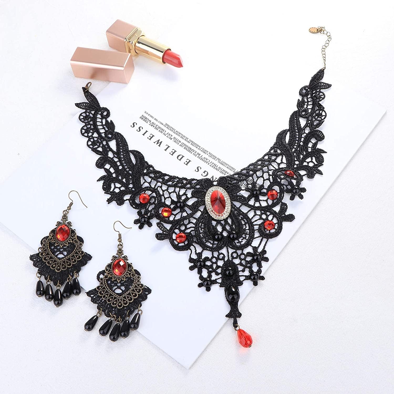 Black Lace Choker Necklace Earring Gloves Jewelry Set for Women Vintage Gothic Style Jewelry for Halloween Costume Cosplay