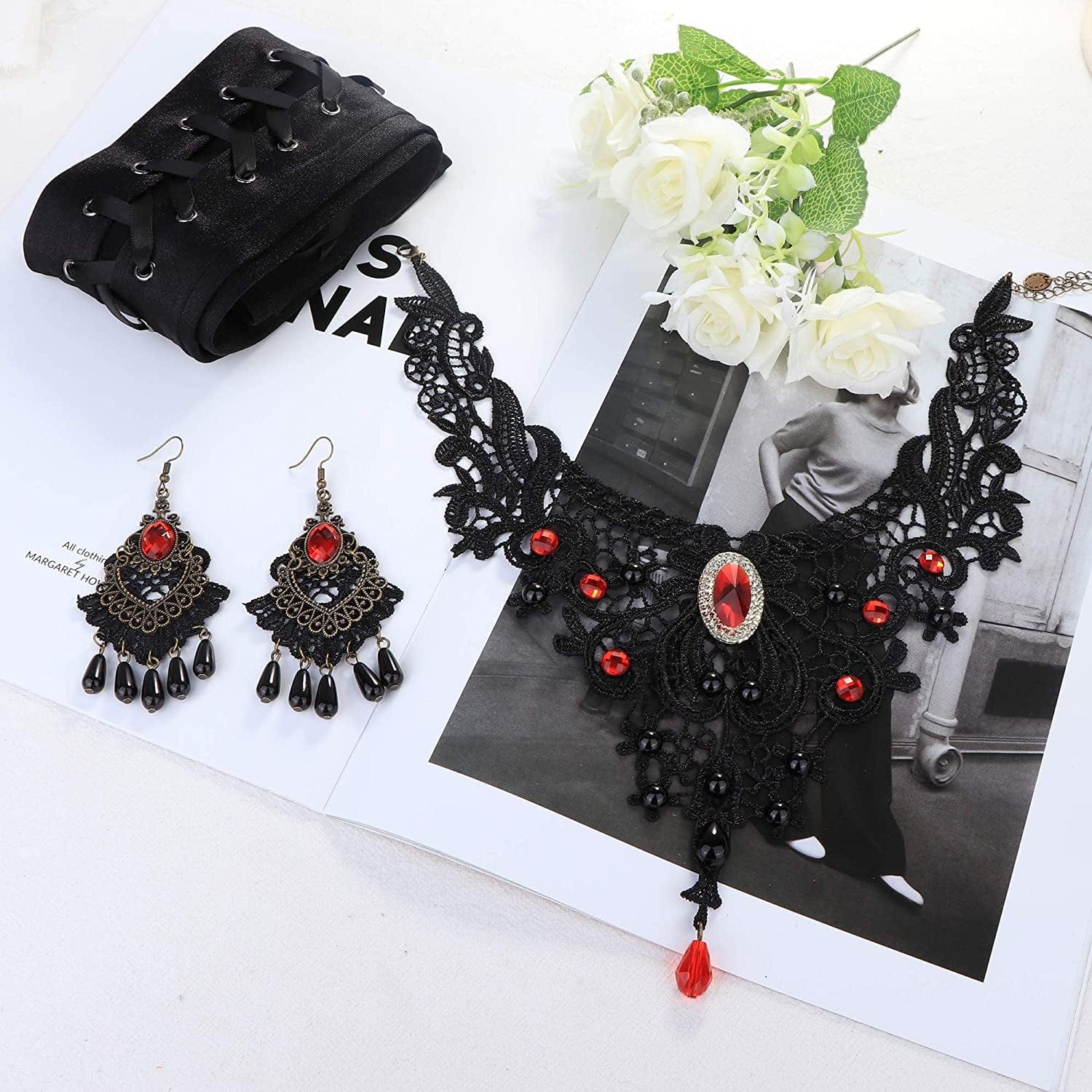 Black Lace Choker Necklace Earring Gloves Jewelry Set for Women Vintage Gothic Style Jewelry for Halloween Costume Cosplay