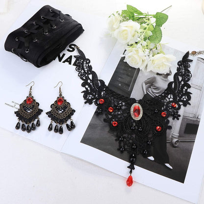 Black Lace Choker Necklace Earring Gloves Jewelry Set for Women Vintage Gothic Style Jewelry for Halloween Costume Cosplay