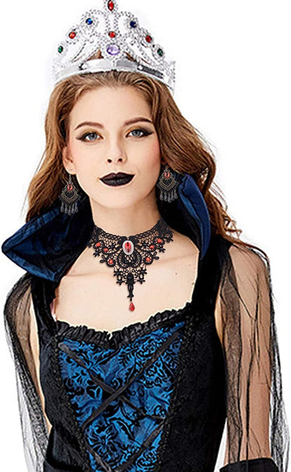 Black Lace Choker Necklace Earring Gloves Jewelry Set for Women Vintage Gothic Style Jewelry for Halloween Costume Cosplay
