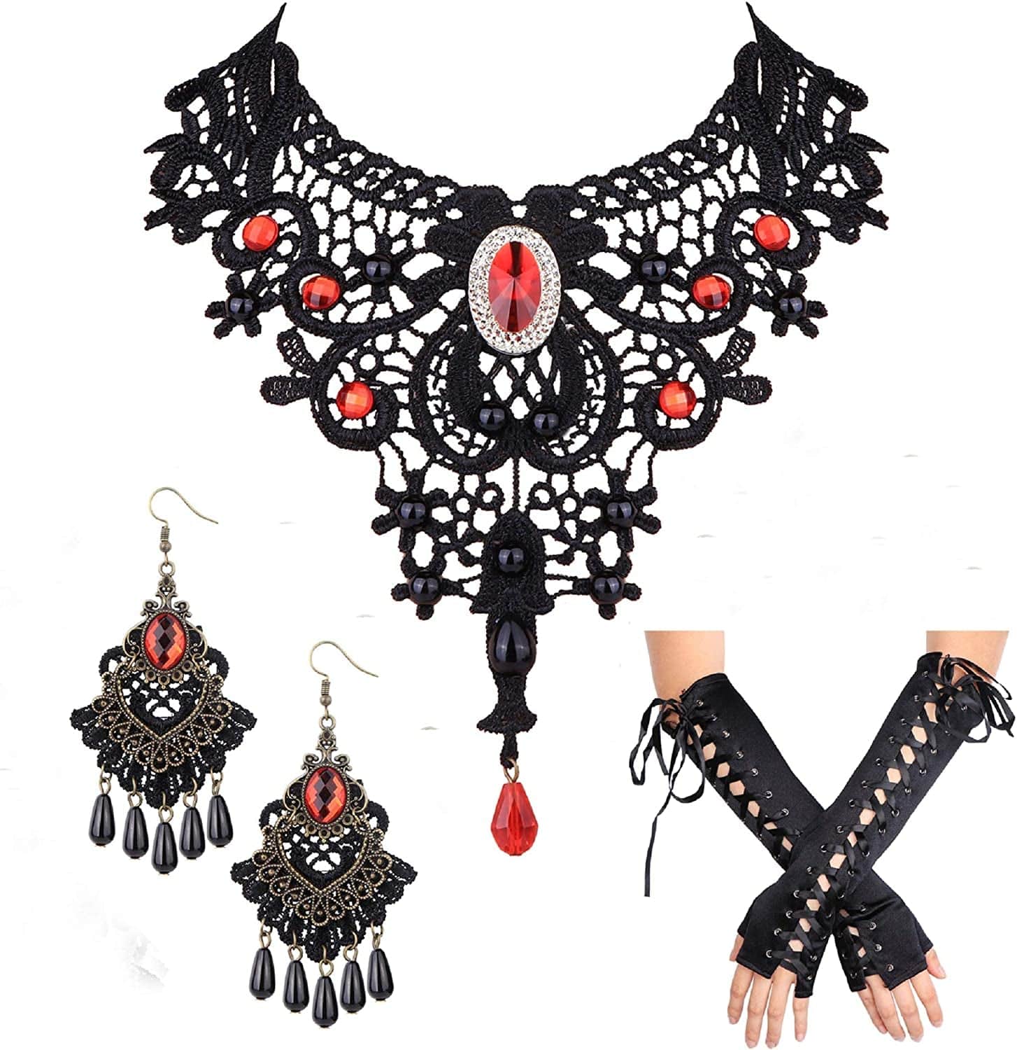Black Lace Choker Necklace Earring Gloves Jewelry Set for Women Vintage Gothic Style Jewelry for Halloween Costume Cosplay