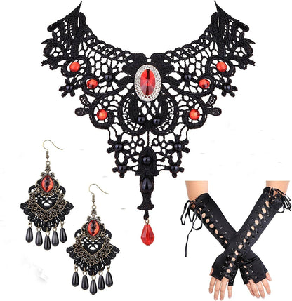 Black Lace Choker Necklace Earring Gloves Jewelry Set for Women Vintage Gothic Style Jewelry for Halloween Costume Cosplay