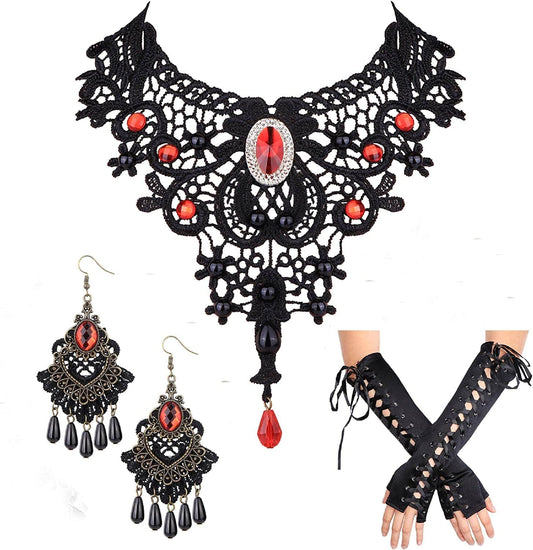 Black Lace Choker Necklace Earring Gloves Jewelry Set for Women Vintage Gothic Style Jewelry for Halloween Costume Cosplay