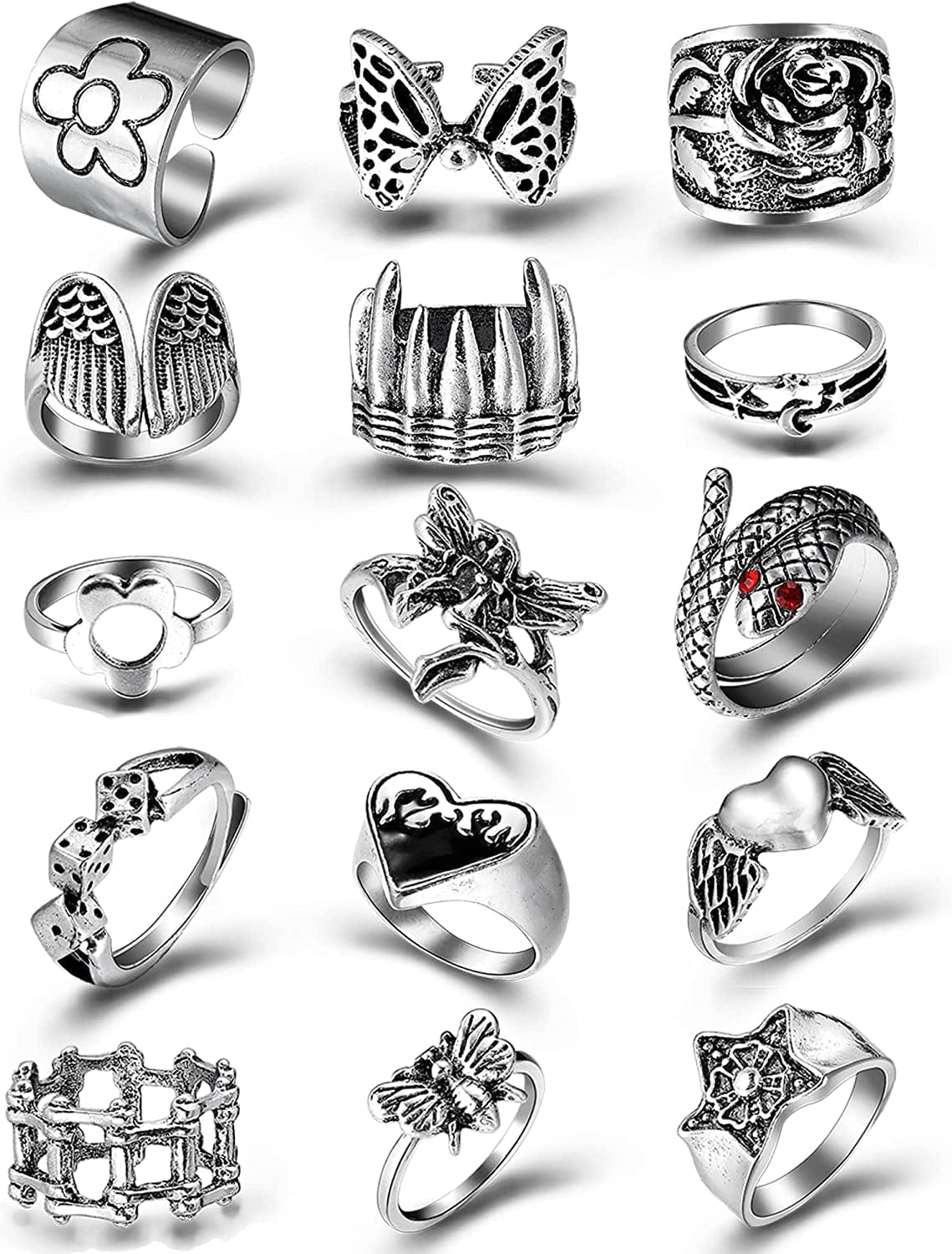 Black Rings for Men Women Girls, Goth Punk Rings Set, Cool Gothic Adjustable Ring Pack, Vintage Stackable Animal Rings Bulk, Vintage Chunky Knuckle Emo Rings, Boho Snake Spider Eboy Open Rings Y2K Accessories Silver punk rings