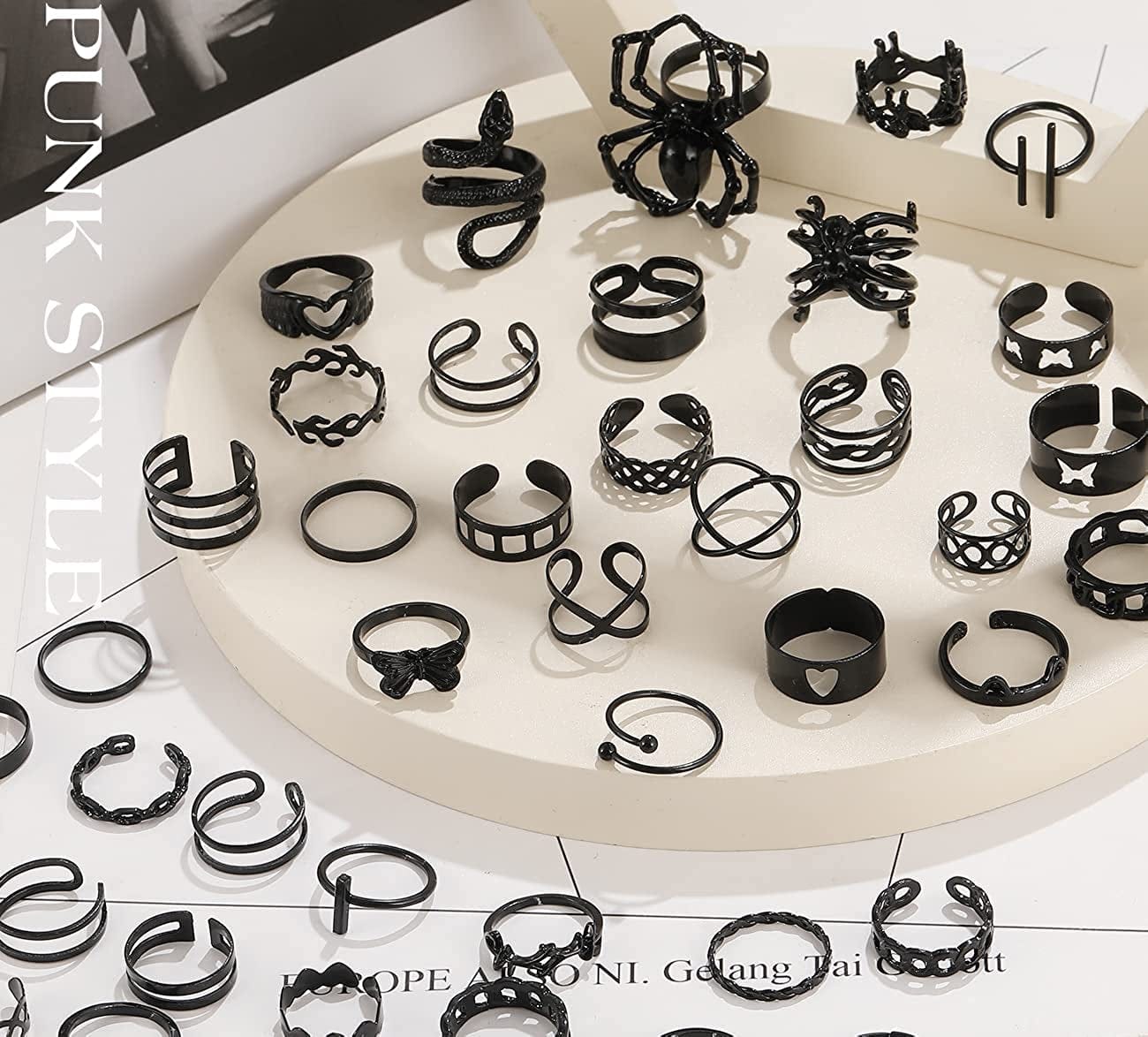 Black Rings for Men Women Girls, Goth Punk Rings Set, Cool Gothic Adjustable Ring Pack, Vintage Stackable Animal Rings Bulk, Vintage Chunky Knuckle Emo Rings, Boho Snake Spider Eboy Open Rings Y2K Accessories