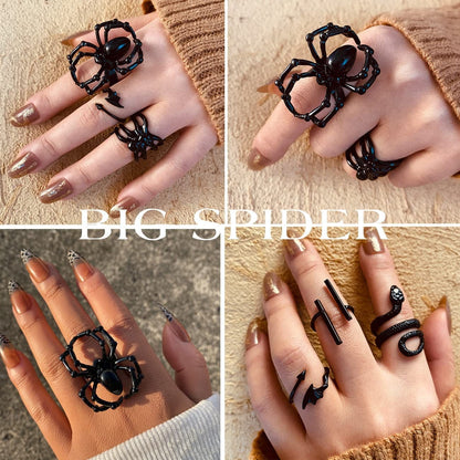 Black Rings for Men Women Girls, Goth Punk Rings Set, Cool Gothic Adjustable Ring Pack, Vintage Stackable Animal Rings Bulk, Vintage Chunky Knuckle Emo Rings, Boho Snake Spider Eboy Open Rings Y2K Accessories