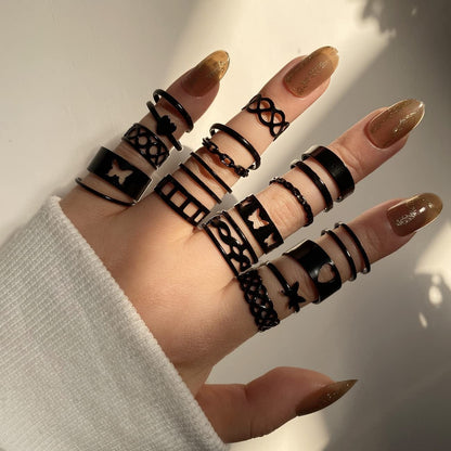 Black Rings for Men Women Girls, Goth Punk Rings Set, Cool Gothic Adjustable Ring Pack, Vintage Stackable Animal Rings Bulk, Vintage Chunky Knuckle Emo Rings, Boho Snake Spider Eboy Open Rings Y2K Accessories