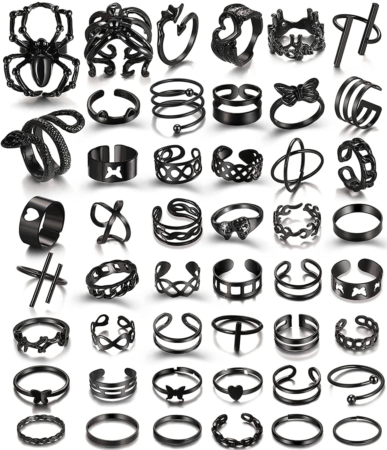 Black Rings for Men Women Girls, Goth Punk Rings Set, Cool Gothic Adjustable Ring Pack, Vintage Stackable Animal Rings Bulk, Vintage Chunky Knuckle Emo Rings, Boho Snake Spider Eboy Open Rings Y2K Accessories Spider heart