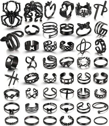Black Rings for Men Women Girls, Goth Punk Rings Set, Cool Gothic Adjustable Ring Pack, Vintage Stackable Animal Rings Bulk, Vintage Chunky Knuckle Emo Rings, Boho Snake Spider Eboy Open Rings Y2K Accessories Spider heart