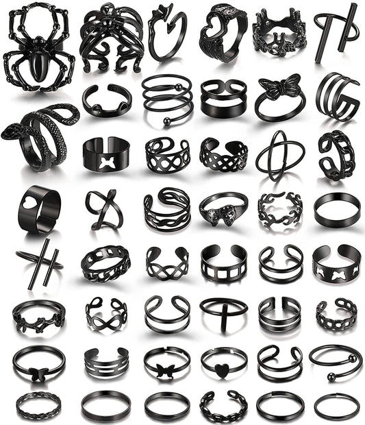 Black Rings for Men Women Girls, Goth Punk Rings Set, Cool Gothic Adjustable Ring Pack, Vintage Stackable Animal Rings Bulk, Vintage Chunky Knuckle Emo Rings, Boho Snake Spider Eboy Open Rings Y2K Accessories Spider heart