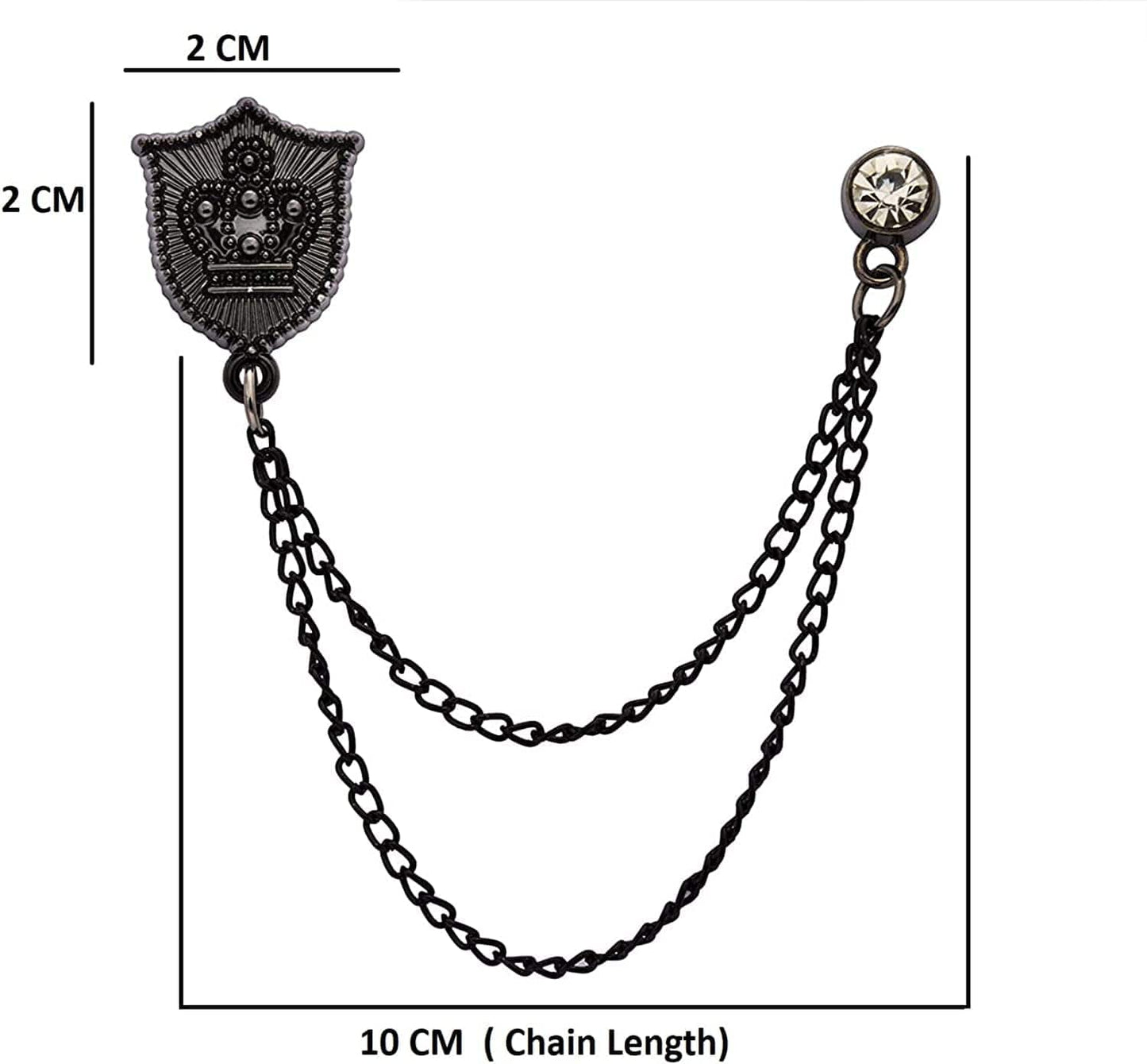 Black Shield with Crown Engraving and Black Hanging Crystal Chain Men'S Lapel Pin Brooch