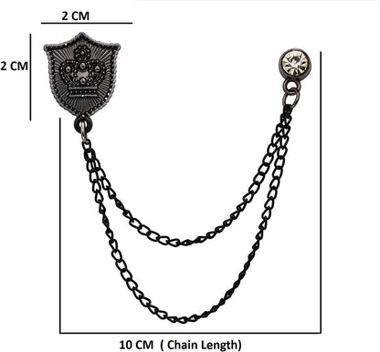 Black Shield with Crown Engraving and Black Hanging Crystal Chain Men'S Lapel Pin Brooch