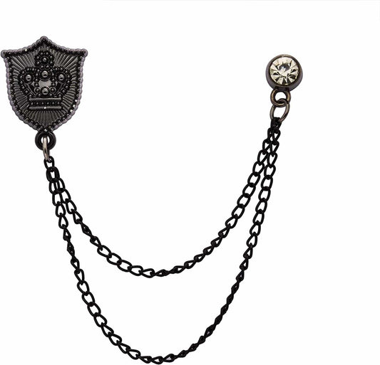 Black Shield with Crown Engraving and Black Hanging Crystal Chain Men'S Lapel Pin Brooch