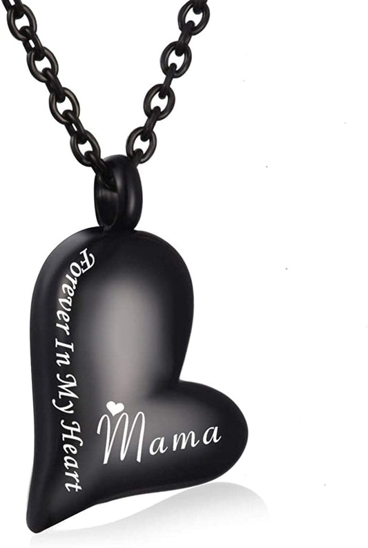 Black Stainless Steel Ashes Holder Memorial Urn Necklaces Pendant Heart Cremation Keepsake Jewelry-Forever in My Heart Mama