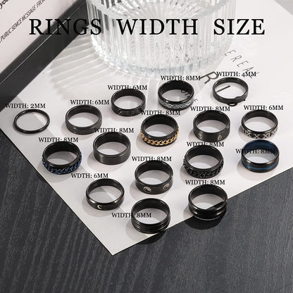 Black Stainless Steel Rings for Men, Fashion Wedding Promise Male Band Rings Set, Simple Cool Spinner Anxiety Rings Pack for Men Women Size 6-11.