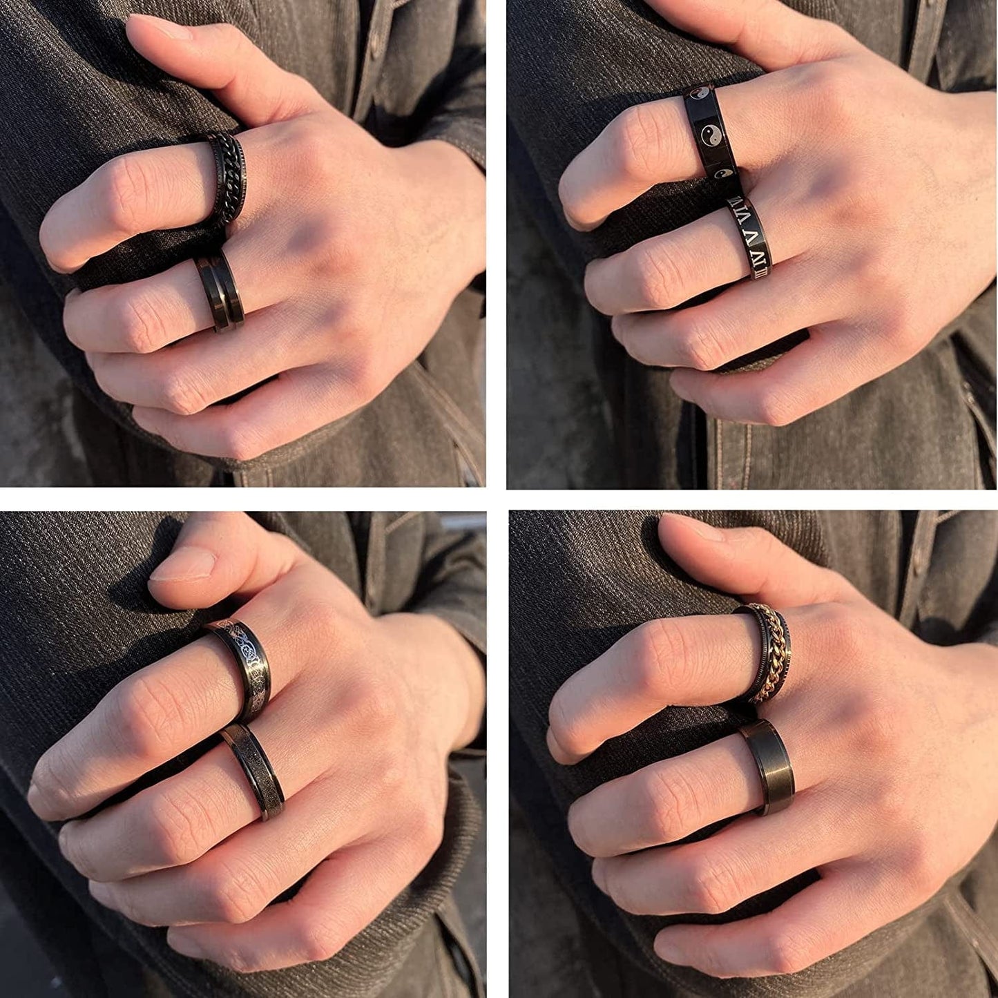 Black Stainless Steel Rings for Men, Fashion Wedding Promise Male Band Rings Set, Simple Cool Spinner Anxiety Rings Pack for Men Women Size 6-11.