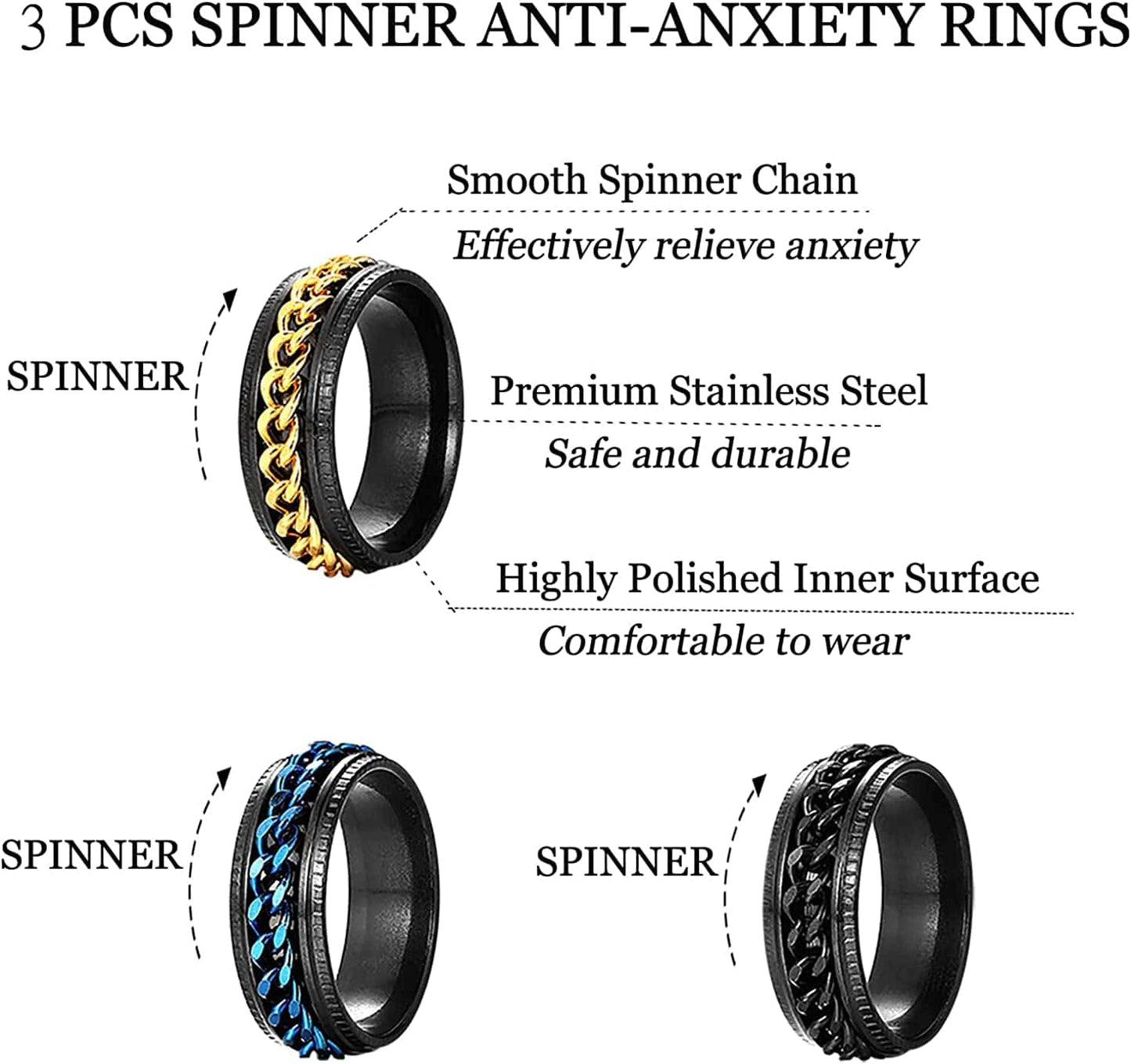 Black Stainless Steel Rings for Men, Fashion Wedding Promise Male Band Rings Set, Simple Cool Spinner Anxiety Rings Pack for Men Women Size 6-11.
